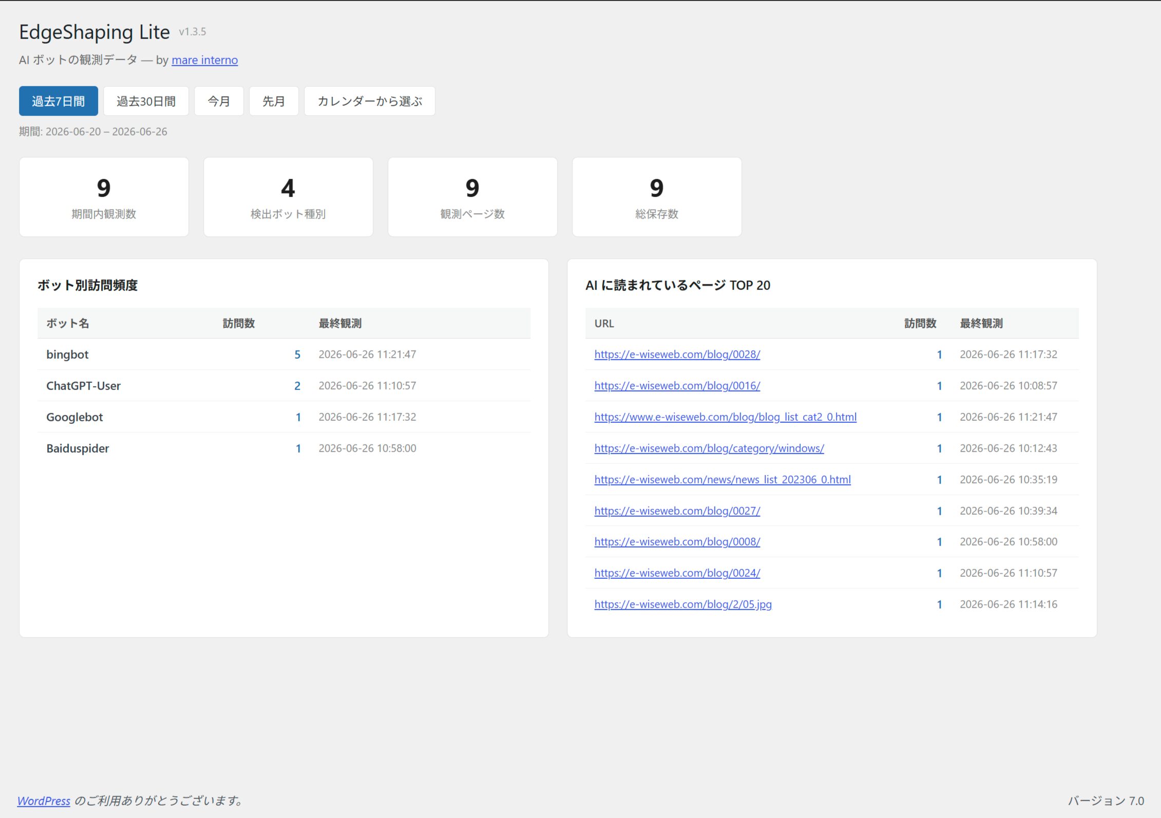 EdgeShaping Lite ダッシュボード bingbotとChatGPT-Userを検出