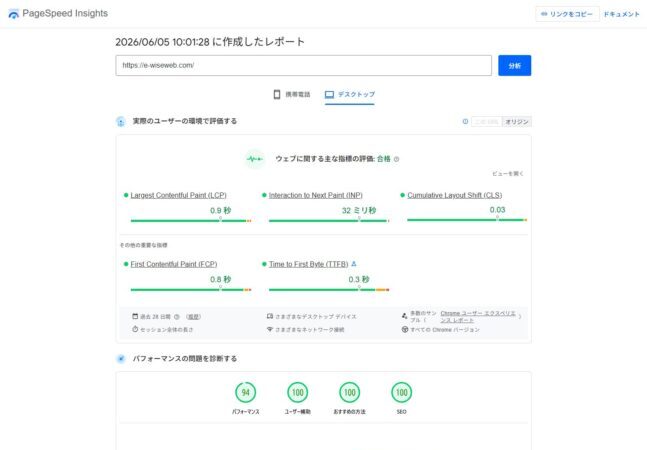 PageSpeed Insights パソコン版スコア
