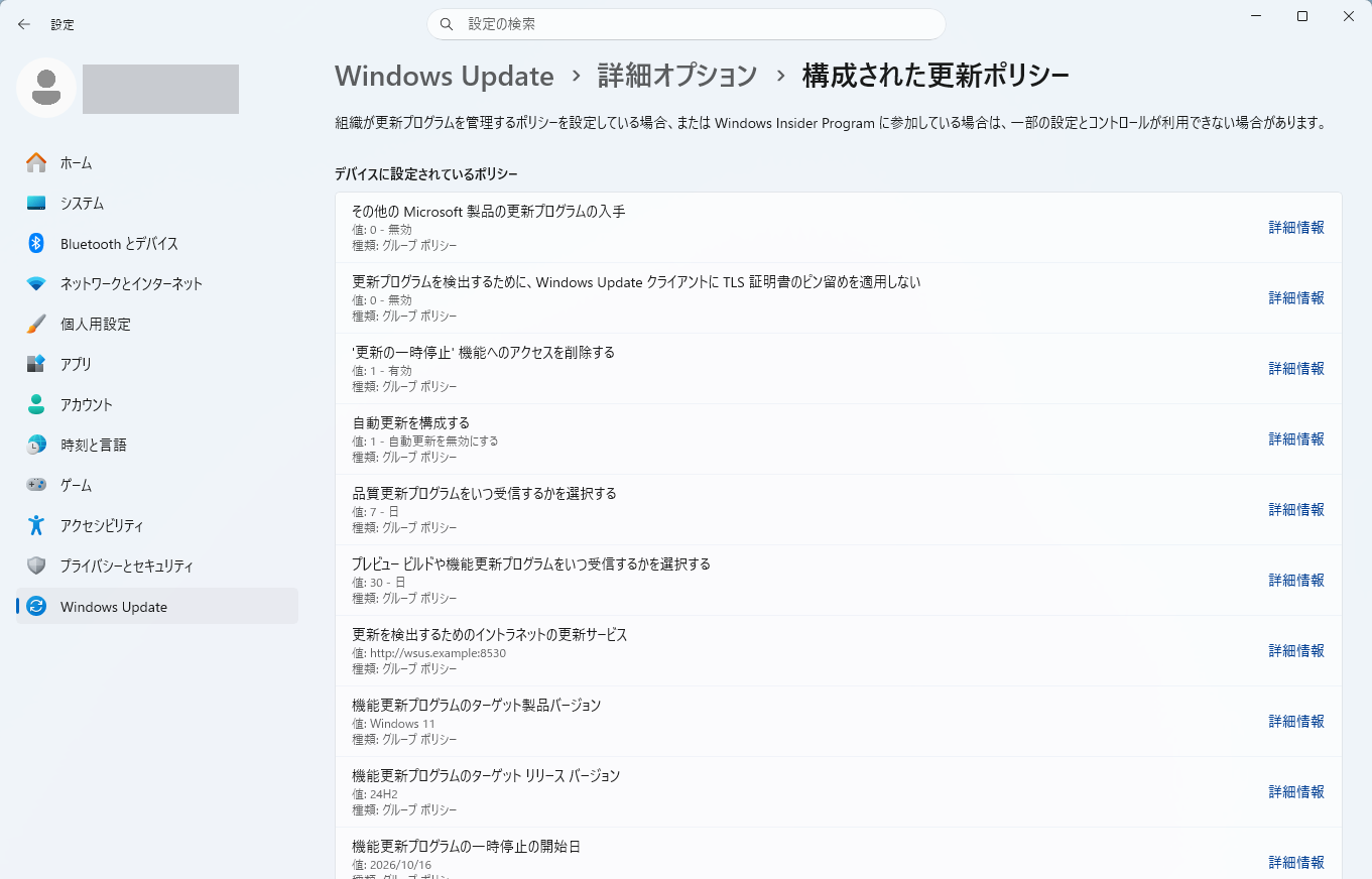 Windows Update の詳細オプションにある「構成された更新ポリシー」に、自動更新を構成するなどのポリシーが並んでいる画面